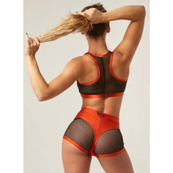 Polerina sheer illusion set orange black fishnet mesh small top medium bottoms - Picture 3 of 9
